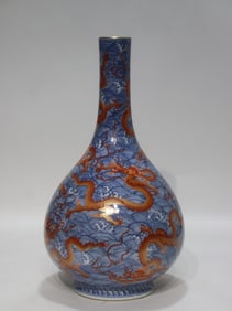 A piece of blue and white alum red dragon pattern bottle