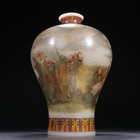 A piece of Qing Dynasty glazed painting enamel eighteen Arhat pattern plum vase