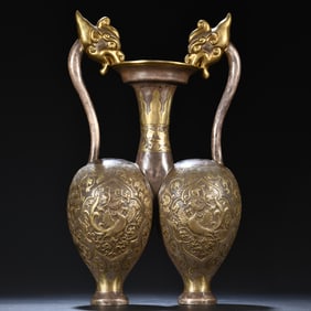 An old collection of sterling silver gilt double phoenix gall pots