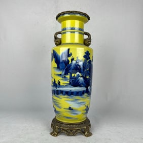 A yellow-glazed blue and white landscape inlaid copper pomegranate amphora