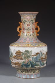 A piece of Qianlong in the Qing Dynasty: a double-eared Guyuexuan landscape bottle