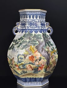 A piece of Qing Qianlong: enamel color blue lace hundred rabbit figure hexagonal amphora