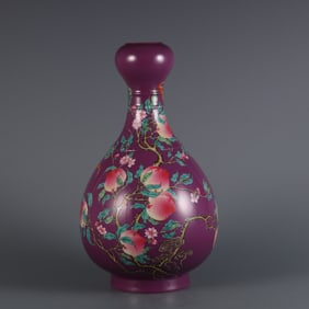 A piece of the Qing Yongzheng year made purple ground pastel eight peach pattern garlic bottle