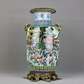 A pastel hundred-seed picture inlaid with copper sheep's head amphora winter melon bottle