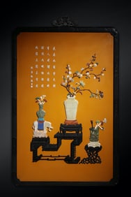 A piece of Qing wood tire lacquerware inlaid with treasure carved poems and vases, flowers, Bogutu,