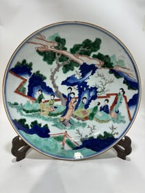 A Qing Kangxi blue and white colorful ladies plate