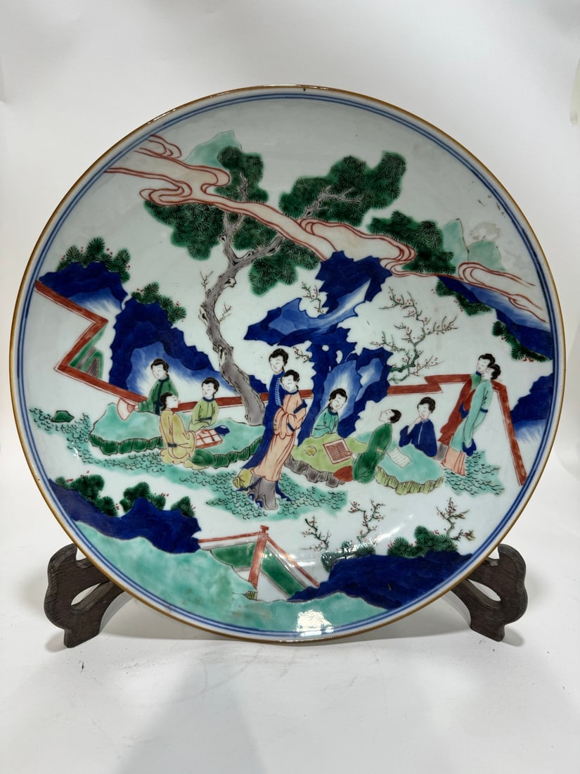 A Qing Kangxi blue and white colorful ladies plate: Qing Kangxi blue and white colorful ladies plate Size: H:7.2cm MouthD:36.5cm (The Dimensions Of All Batches Are Manually Measured.If You Need More Detailed Information, Please Contact Our Customer Ser