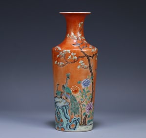 A Qing Qianlong pastel vase of flowers and birds