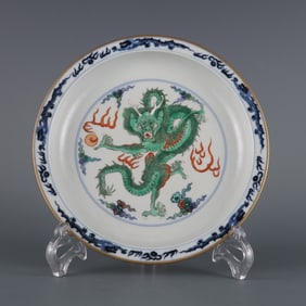 A piece  of Qing Yongzheng year blue and white colorful dragon and phoenix pattern folded along the