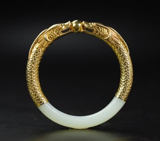 A silver gilt double dragon play pearl jade bracelet