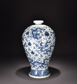 A piece of Ming Xuande blue and white entwined branches nine dragon pattern plum vase