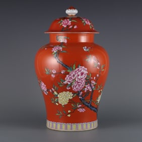 A  piece of the Qing Qianlong year coral red background pastel peony pattern general jar