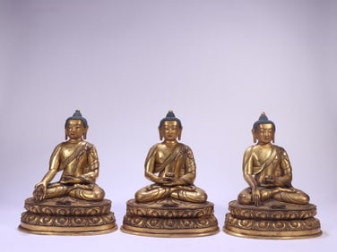A set of Qing Dynasty bronze gilt three Buddhas