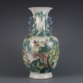 A piece of Qianlong in the Qing Dynasty pastel landscape pavilion amphora bottle