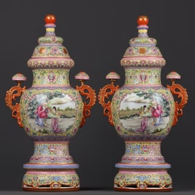 A pair  of Qing Yongzheng: enamel color gilt window Magu offering longevity pattern three-section