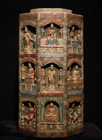 A Tang Dynasty white marble painted thousand Buddha pillars