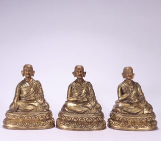 A set of three bronze gilt Guru Buddhas of the Qing Dynasty