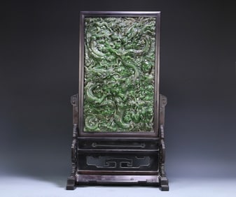 A Qing Dynasty Hetian jasper high-relief three dragons playing with beads interstitial