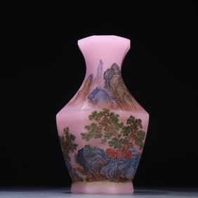 A piece of Qing Dynasty powder glazed painting enamel landscape figure octagonal bottle