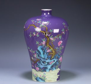 A piece of Qing Yongzheng purple ground pastel flowers and birds plum vase