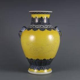 A piece of Qing Qianlong year blue and white with lemon yellow ground carved cloud dragon pattern