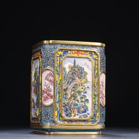 A piece of Qing Dynasty bronze gilt painting, enamel windowed landscape drawing pen holder