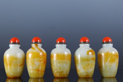 One piece Hetian jade five cow poetry snuff bottle