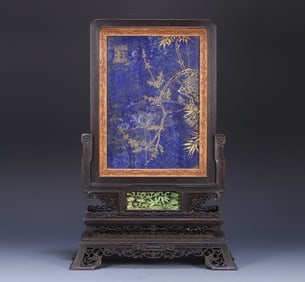 A Qing Dynasty old rosewood lapis lazuli "plum bamboo" poem interstitial
