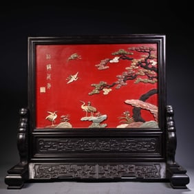 A piece of rosewood inlaid lacquerware Shoushan stone screen