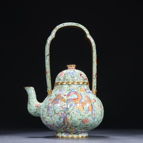 A piece of Qing Dynasty copper tire painting enamel phoenix pattern handle pot