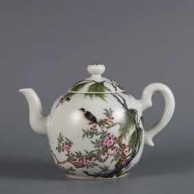 A  piece of Qing Qianlong year pastel apricot forest spring swallow inscription poem teapot