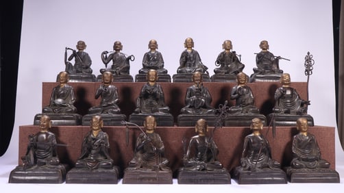 A set of Qing Dynasty six Buddha buildings and eighteen arhats