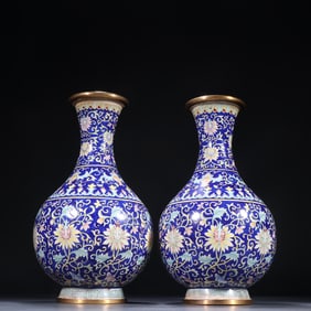 A pair  of Qing Dynasty bronze fetal painting enamel entwined lotus pattern appreciation bottle