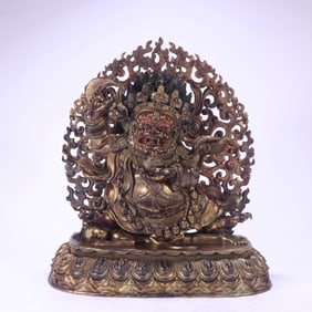 A Qing Dynasty bronze clay gold Dahei Tian Dharma Protector Buddha statue