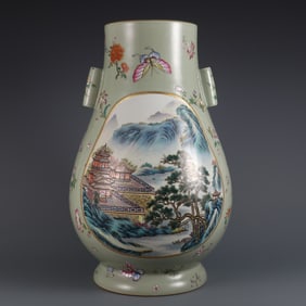 A  piece of the Qing Qianlong year bean green glaze plus pastel Kaiguang landscape pavilion through