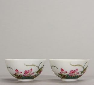 A pair  of Qing Yongzheng enamel color lotus leaf poems tea round