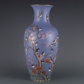A  piece of Qianlong in the Qing Dynasty blue ground rolling pastel happy eyebrows Guanyin bottle