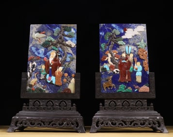 A pair  of Qing Dynasty lapis lazuli treasures embedded with birthday star interstitials