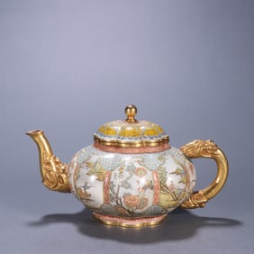 A piece of Qing Dynasty copper gilt painting enamel landscape figure teapot