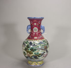 A piece of Qing Qianlong Yangcai landscape figure elephant ear bottle
