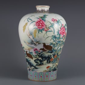 A large plum vase made in the year of Qing Yongzheng pastel flower and bird pattern inscription poem