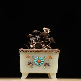 A Qing Dynasty Hetian jade treasure intarsia bonsai ornament