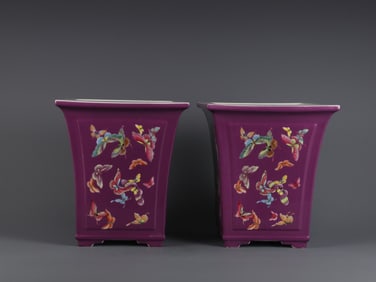 A pair of purple ground pastel hundred butterfly pattern square flower pots made in the Yongzheng