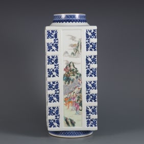 A blue and white and pastel birthday picture brown bottle made in the Qianlong year of the Qing