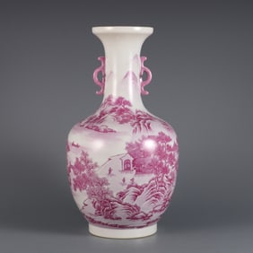 A  piece of Qianlong in the Qing Dynasty agate red color landscape people double ear bottle