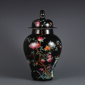 A pair  of Qing Yongzheng year black ground enamel color flower and fruit pattern general jar