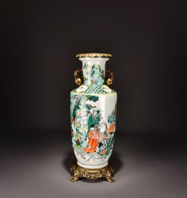 A Qing Kangxi five-color inlaid bronze gilt Eight Immortals Joyful Picture Mallet Vase
