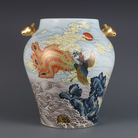 A  piece of Qing Qianlong year pastel Danfeng Chaoyang inscription poem dog head jar