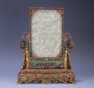 A piece of Qing Dynasty Hetian white jade copper gilt filigree! "Pine Crane Longevity" interstitial