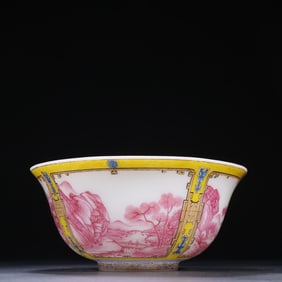 A piece of Qing Dynasty glazed painting enamel landscape picture bowl